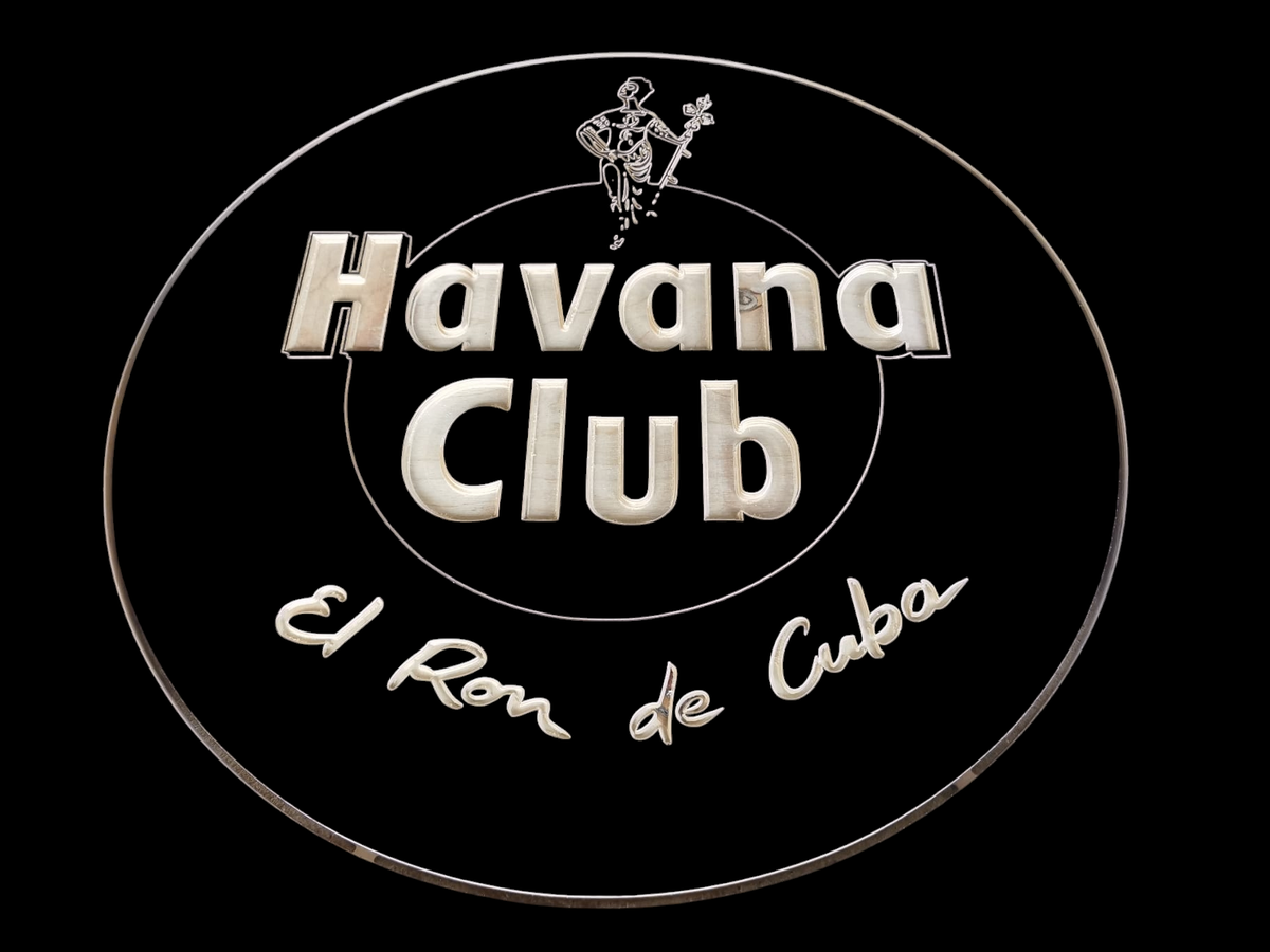 Ornamentscheibe Siebdruck schwarz Tischplatte CNC-gefräst Havanna Club als Beispiel Präsentation