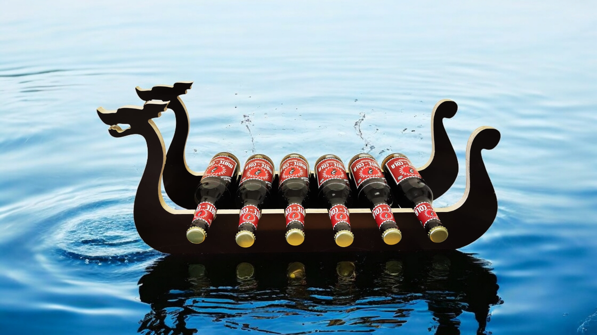 Wikingerschiff Schiff mit Drachenkopf Siebdruck Schwarz Bierhalter Getränkehalter für Flaschen CNC-gefräst
