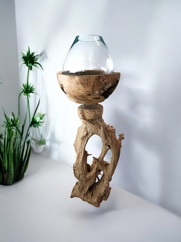 Mystische Akazie Suar Holz Säule mit Teakholz Schale und Glas ca. 200cm